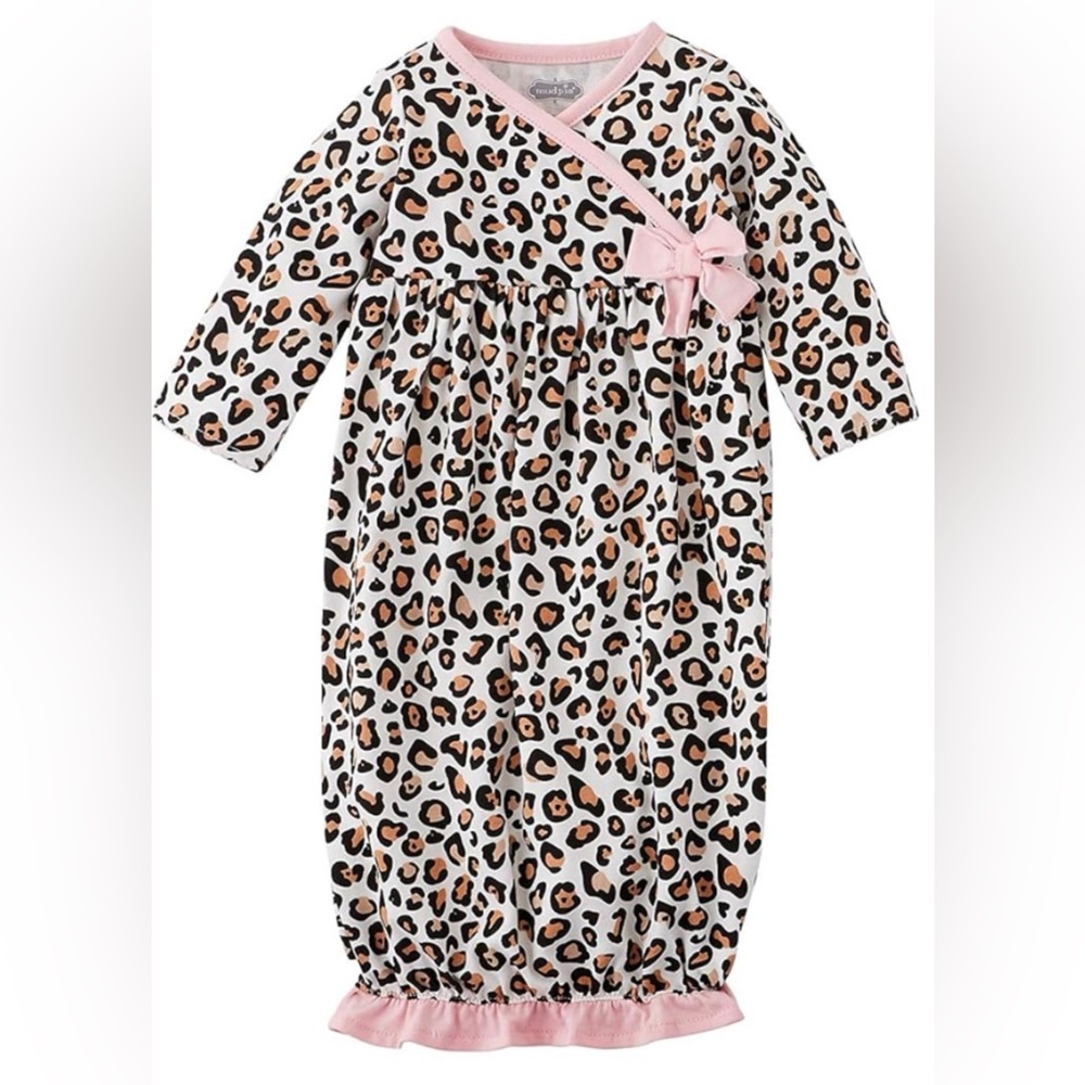 Mud Pie Baby Girl Leopard Gown 0-3M Pink Trim Boutique Sleeper Tie Front